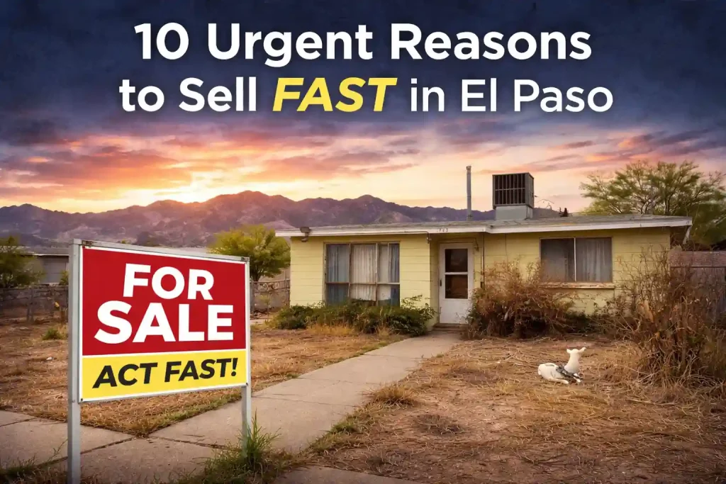 Feature image showing a distressed home in El Paso with a for sale sign for a blog about urgent reasons homeowners may need to sell quickly