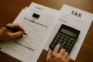 Hands using calculator and tax forms, representing capital gains tax when selling an inherited house in El Paso.