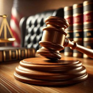 Judge’s gavel, law books, and scales of justice on a courtroom desk, symbolizing the probate process for inherited houses in El Paso