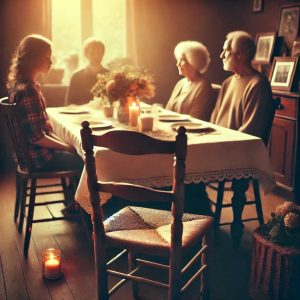 Family sitting around kitchen table in discussion, representing disagreements over inherited house decisions