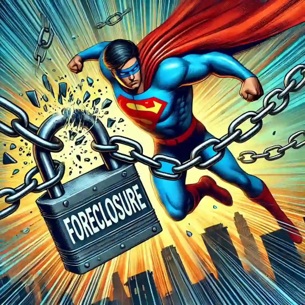 Illustration of superhero breaking foreclosure chains to help homeowners avoid losing their house in El Paso