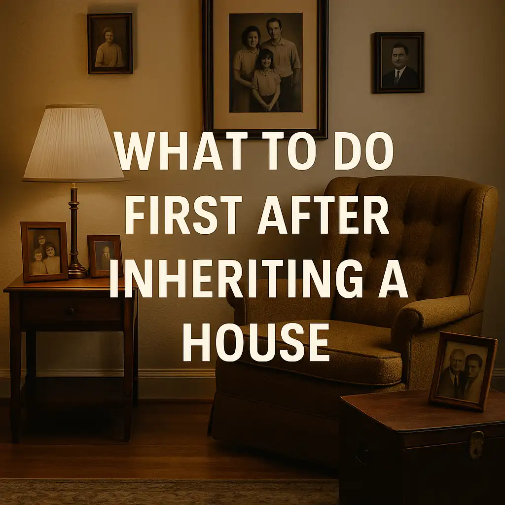 Vintage living room with family portraits, armchair, and warm lighting, symbolizing the emotional first steps after inheriting a house in El Paso.