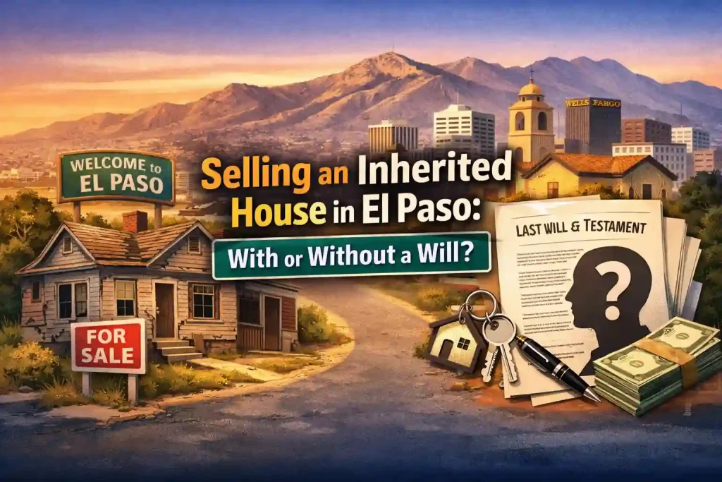 Selling an inherited house in El Paso with or without a will, featuring local home, legal documents, and El Paso skyline.