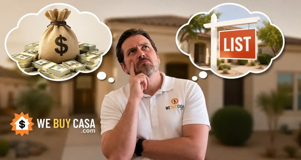 Illustration of a homeowner deciding whether to sell a house for cash or list it with a Realtor in El Paso.