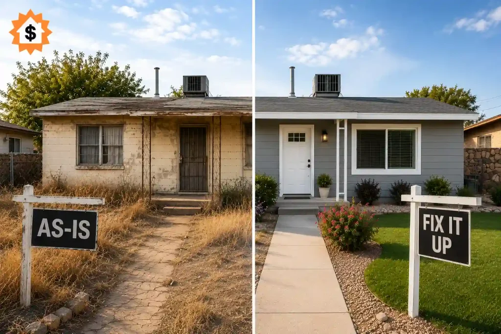 Split image of an El Paso rental property shown as-is versus fully renovated for landlords deciding whether to fix up or sell their rental property.