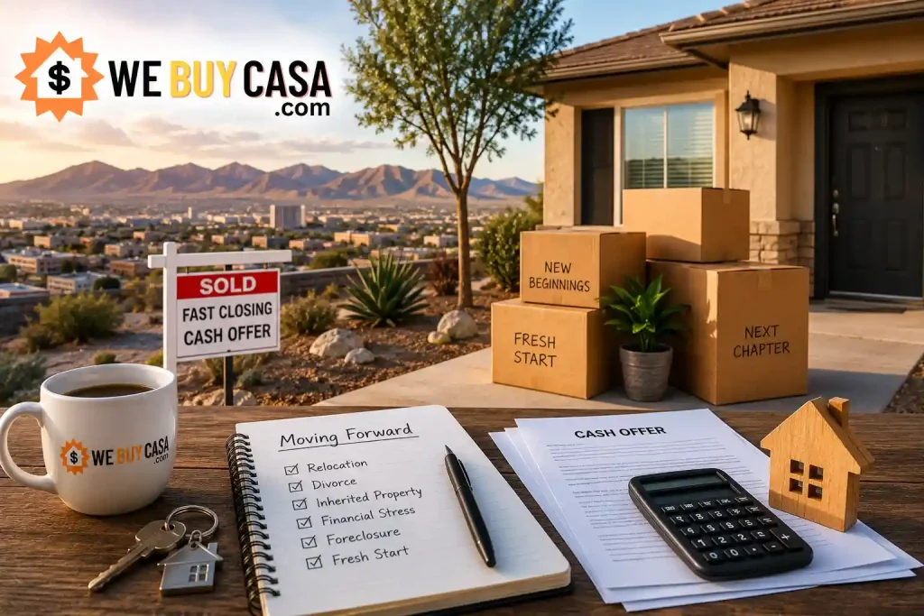 Moving boxes, house documents, and a home overlooking El Paso representing common reasons homeowners need to sell their house fast, including relocation, divorce, inheritance, financial stress, and foreclosure.