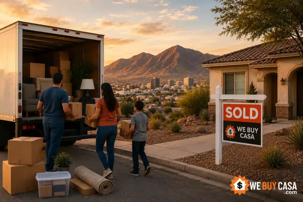 Family relocating from El Paso with moving truck and house, illustrating options to sell a house fast due to relocation in El Paso Texas