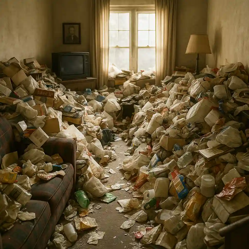 Hoarded living room inside an El Paso house filled with clutter and debris before cleanup by We Buy Casa