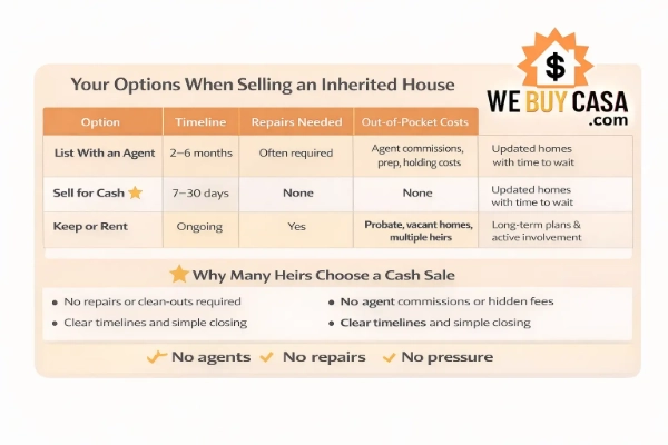 Comparison of options for selling an inherited house in El Paso including selling for cash, listing with an agent, or keeping the property
