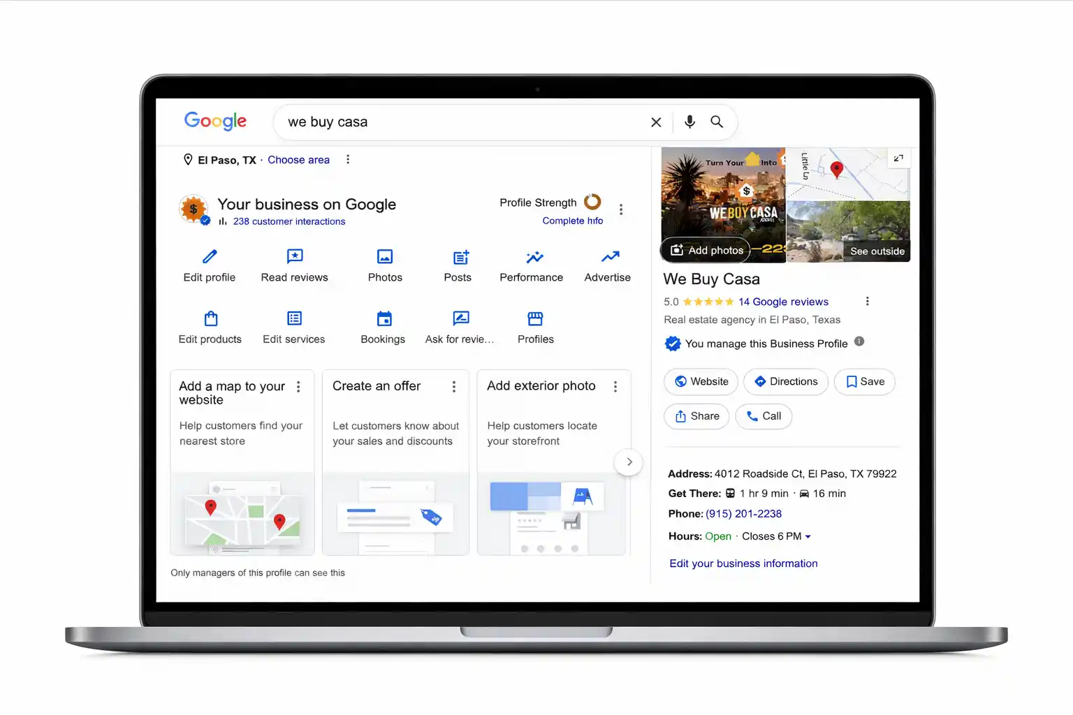 Google My Business profile for We Buy Casa showing 5-star reviews in El Paso, TX